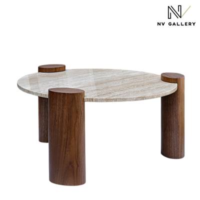 Nanda table basse ronde en travertin et noyer