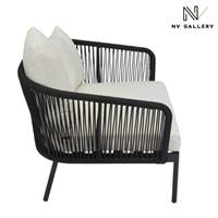 Metro fauteuil d'extérieur en cordage et métal noir coussin blanc écru