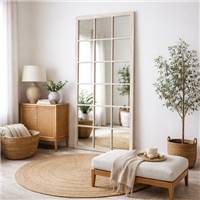 Antic grand miroir mural type fenêtre industrielle 18 carreaux bois blanc H180cm