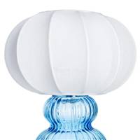Plass lampe de table en verre double bleu et abat-jour en tissu blanc H26cm