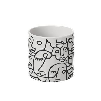 Rudi cache-pot en grès blanc et visage abstrait noir H10