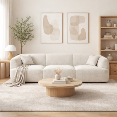 Gankeri canapé 3 places en tissu bouclé blanc