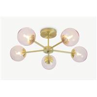 Globe grand plafonnier 5 ampoules laiton et verre rose