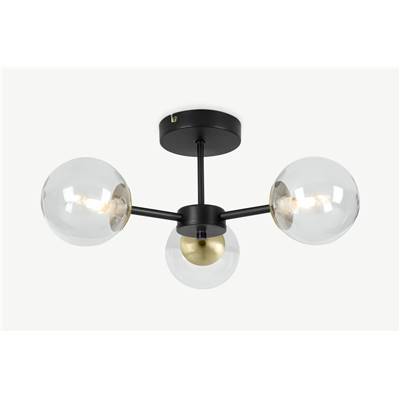 Globe plafonnier 3 ampoules noir laiton et verre fumé