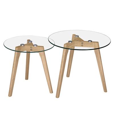 Leniam lot de 2 tables basses rondes en verre et bois d'hévéa