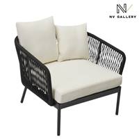 Metro fauteuil d'extérieur en cordage et métal noir coussin blanc écru