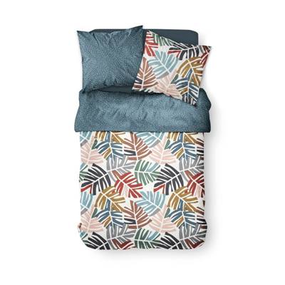 Sunshine parure de lit 220x240 bleu coton imprimé grandes feuilles 0.18