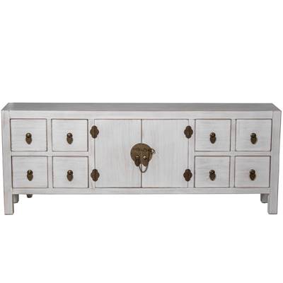 Oriental meuble TV bois blanc décapé 8 tiroirs 2 portes L130cm