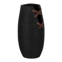 Jarron vase en céramique noir et lanière marron