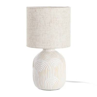 Frico lampe de table en céramique blanc dessin arc et abat-jour lin