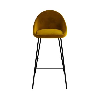 Turin chaise de bar dossier arrondie en velours jaune et pieds métal noir H75