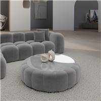 Virata table basse ronde en velours gris clair avec plateau en verre