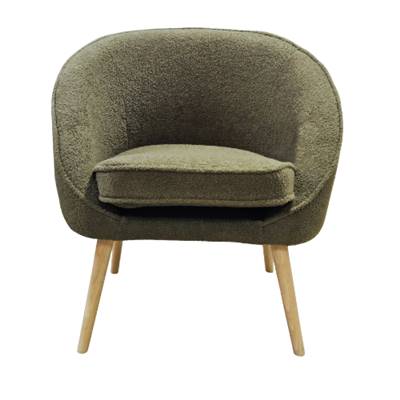 Safir fauteuil en tissu effet laine bouclette vert kaki pieds naturels