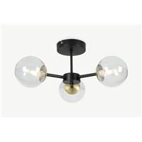 Globe plafonnier 3 ampoules noir laiton et verre fumé