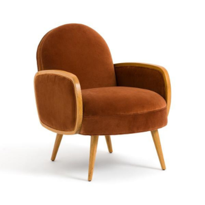 Ambre fauteuil velours et chêne orange cuit