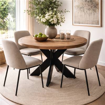 Holly table à manger ronde en bois et pieds croisés noirs