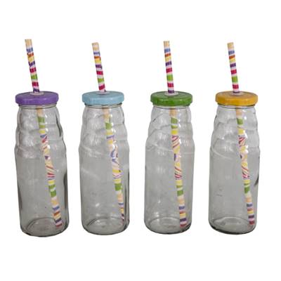 Set 4 bouteilles avec paille jaune/bleu/vert/rose