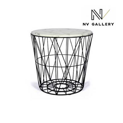Louana table d'appoint métal noir et pierre blanche