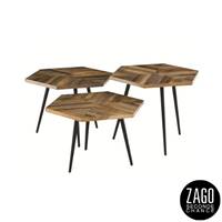Woody lot de 3 tables basses hexagonales en teck recyclé et métal