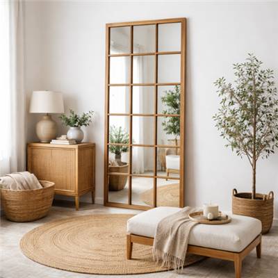 Antic grand miroir mural type fenêtre industrielle 18 carreaux bois naturel H180