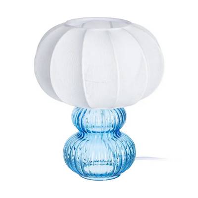 Plass lampe de table en verre double bleu et abat-jour en tissu blanc H26cm