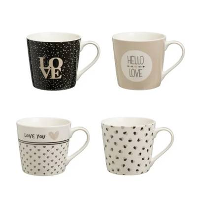 Love lot de 4 tasses/mugs en céramique beige et noir