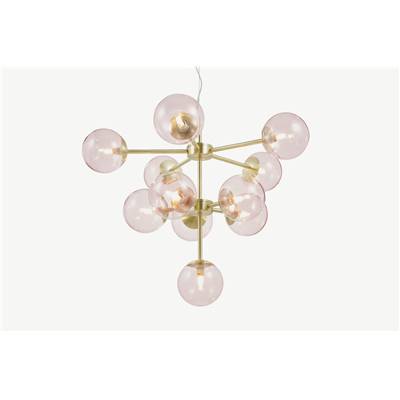 Globe lustre 11 ampoules laiton brossé et verre rose blush