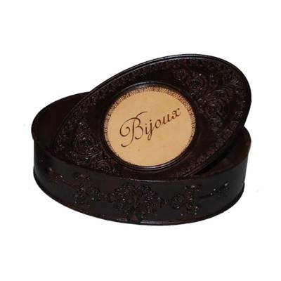 Boîte à bijoux ovale gravée marron foncé