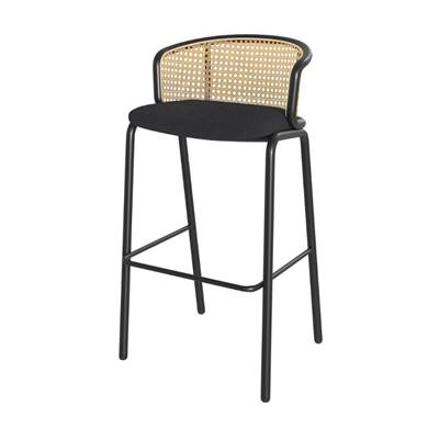 Shelly chaise de bar en tissu noir, rotin naturel et métal noir