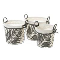 Bohai lot de 3 paniers ronds en métal noir et tissu beige feuillage