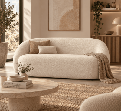 Coppa canapé 2 places en tissu bouclé blanc avoine asymétrique