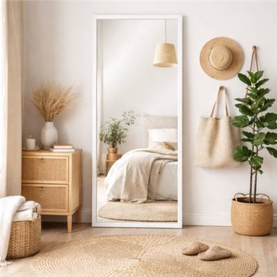 Kimy grand miroir rectangulaire en bois blanc cassé de paulonia H180cm