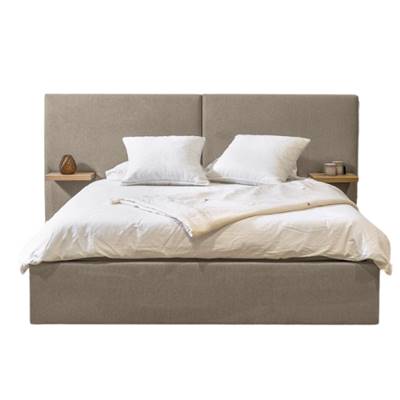 Bineland lit-coffre 160x200 en tissu texturé beige avec tablettes chevets bois