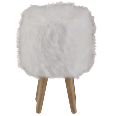 Indus pouf en fourrure synthétique blanche et bois d'hévéa H45