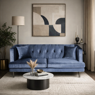 Volta canapé 3 places bleu et pieds en métal noir