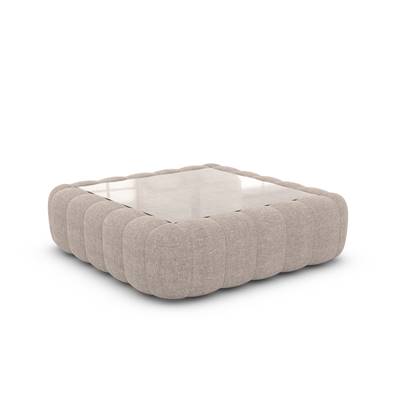 Quare table basse carrée en tissu texturé beige et verre