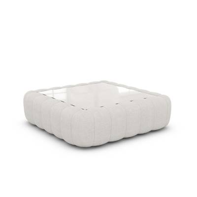 Raso table basse carrée en tissu bouclé blanc avec plateau en verre