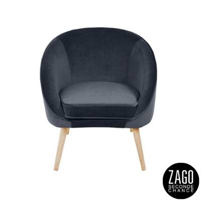 Safir fauteuil style scandinave en velours gris foncé et bois d'hévéa naturel