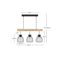 Naomi suspension 3 lampes bois d'eucalyptus et métal noir