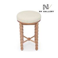 Claudie tabouret en tissu bouclé blanc avoine et pied chêne