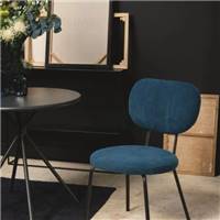Cosy chaise en velours côtelé bleu paon et pieds métal noir