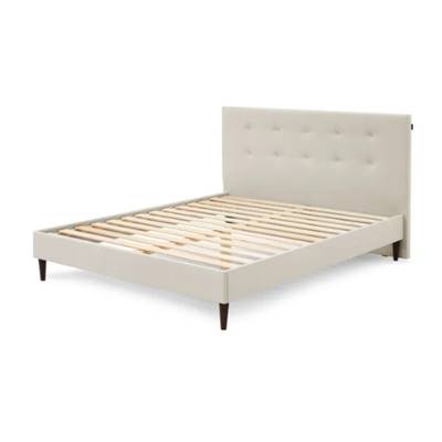 Harmonie lit 180x200 en tissu beige capitonné sommier à lattes