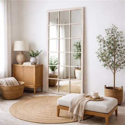 Antic grand miroir mural type fenêtre industrielle 18 carreaux bois blanc H180cm