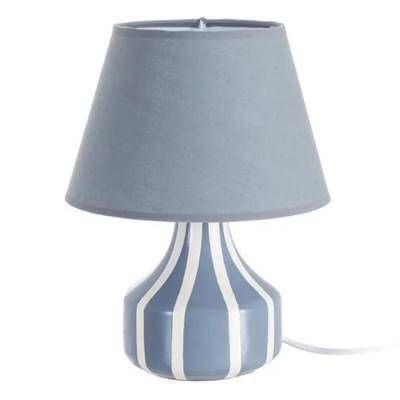 Samine lampe à poser en céramique bleu rayé blanc abat-jour tissu H30cm