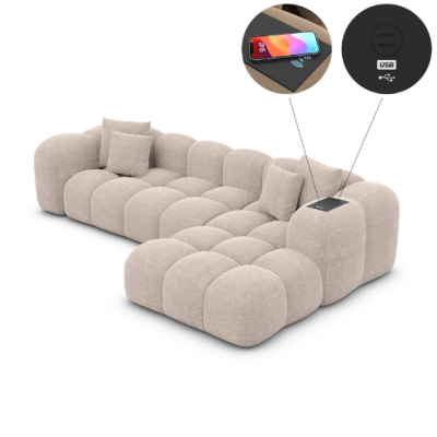 Cotton canapé d'angle droit avec chargeur et USB en tissu texturé beige