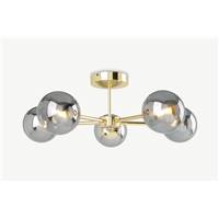 Globe grand plafonnier 5 ampoules laiton et verre fum