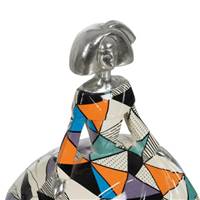 Menina statuette femme robe multicolore géométrique en résine argenté