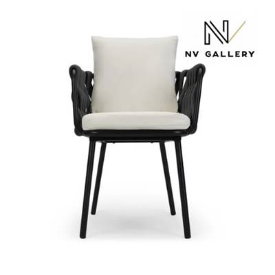 Karev chaise d'extérieur métal noir et tissu blanc écru