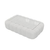Ralia table basse rectangulaire en tissu bouclé blanc et verre