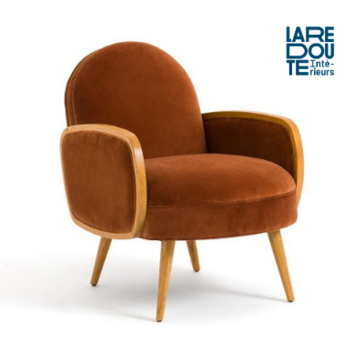 Ambre fauteuil velours et chêne orange cuit
